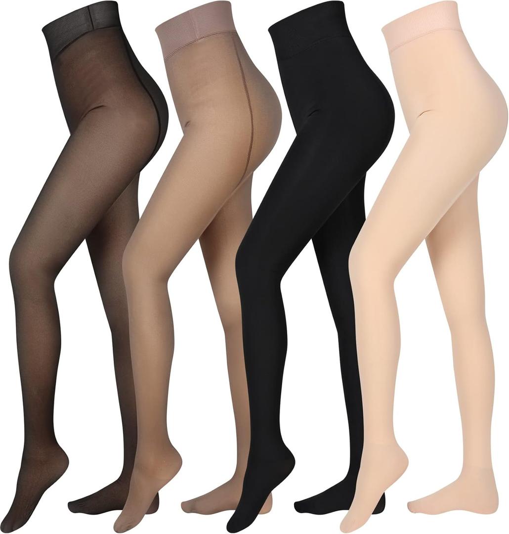 Foaincore 4 Pairs Fleece Lined Tights Women Fleece Lined Leggings Warm Tights Thermal Translucent Leggings for Winter (Pantyhose, Black, Brown, Nude)