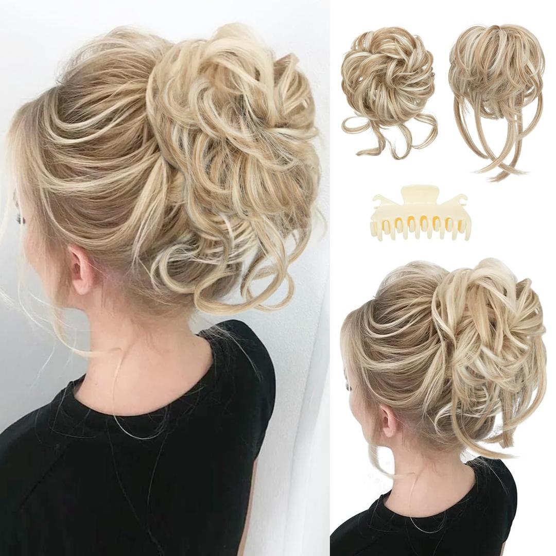 SARLA 2PCS Messy Bun Hair Pieces for Women Detachable Claw Clip Wavy Curly Synthetic Hairpieces for Updos with Tendrils Fake Scrunchies Ponytail Extension Sunny Blonde