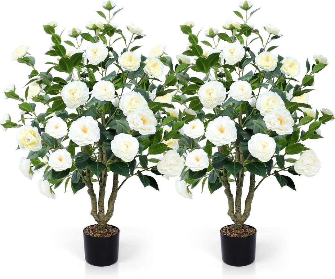 Artificial Camellia Tree 2 Pack 42" Faux Camellia Plant in Pot with 32 Blooming Flowers Fake Flower Tree Greenery Potted Plant for Indoor Outdoor Office Home Porch Decor White