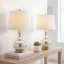 JONATHAN Y 25" Mercury Silver and Brass Gold Glass Table Lamp Set of 2 for Bedroom, Modern Bedside Lamp for Living Room Nightstand, White Linen Drum Shade, LED Bulb Included JYL1068A-SET2
