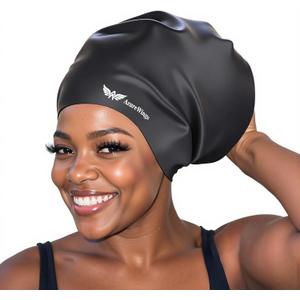 Extra Large Swim Cap for Adult Women Men - Swim Cap for Long Hair, Braids, Dreadlocks, Weaves, Curls & Afros - Black Silicone Swimming Cap, Gifts for Swimmers