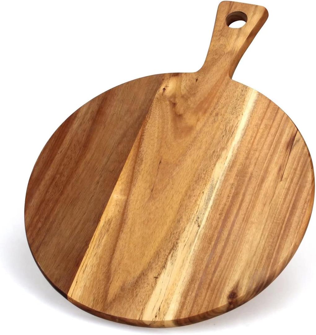 Acacia Wood Cutting Board with Handle Wooden Chopping Board Round Cutting Boards for Kitchen Decor Large Charcuterie Board Tray Teak Meat Cheese Board Bread Serving Platter Butcher Block Pizza Board (16"L x 12"W)