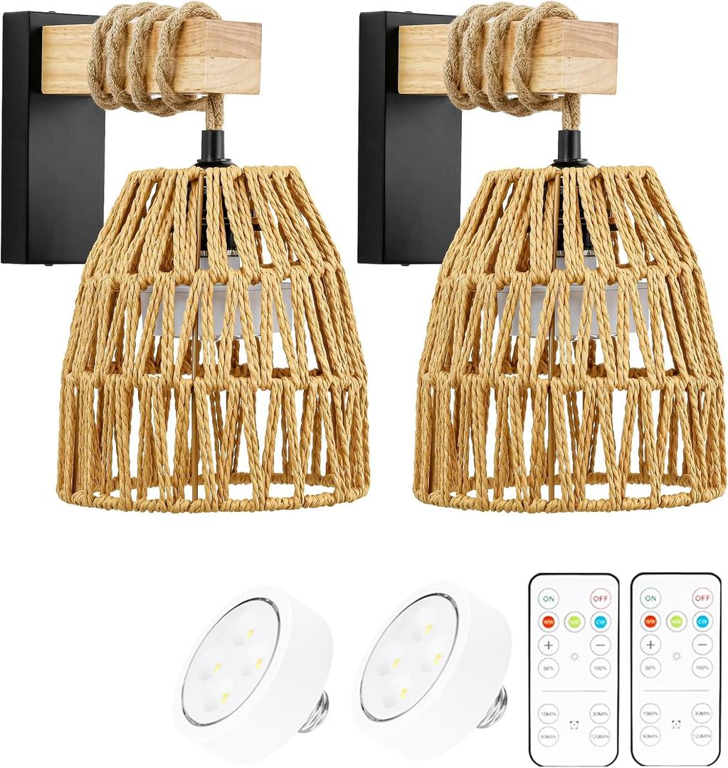 Battery Operated Wall Sconces, Set of 2 Rattan Boho Wireless Sconce with Remote Control, Ideal for Bedroom, Living Room, Entryway  LED Wall Sconce