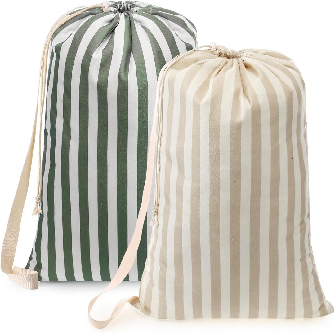 SATINIOR 2 Pcs Stripe College Laundry Bag Green Beige Canvas Travel Laundry Bags with Drawstring Shoulder Straps 29" x 18" Washable Dirty Clothes Hamper Organizer for Dorm Laundromat Apartment Camping