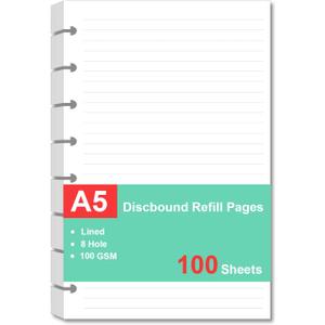 Junior Size Refills Paper, A5 Loose Leaf Paper for TUL Custom Note-Taking System Discbound Notebook Planner Inserts, White, Total 100 Sheets/200 Pages, College Ruled, 5.5 X 8.5 Inch