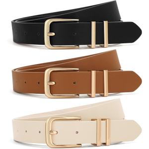 XZQTIVE 3 Pack Women Belts For Jeans Dresses Pants Ladies Leather Waist Belt with Gold Buckle (Fit Pant 24-29in, Square Buckle Black+brown+beige)