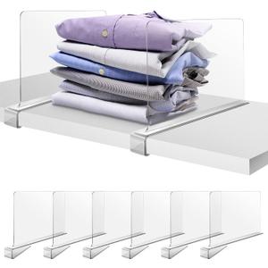 6 PCS Acrylic Shelf Dividers for Closets, Clear Closet Shelf Divider for Wooden Shelving, Shelf Organizer for Clothing and Purse, Fits Shelves of 0.4-0.95