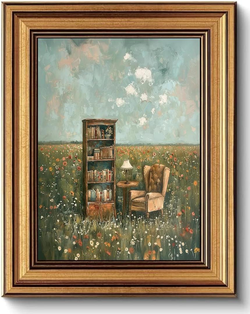 Devunaty Vintage Gold Framed Wall Art for Living Room, Whimsical Book Lover Wall Decor Aesthetic, Country Flower Field Canvas Print Painting, Rustic Farmhouse Book Pictures for Bedroom Library 12"x16" (Open-Air Library)