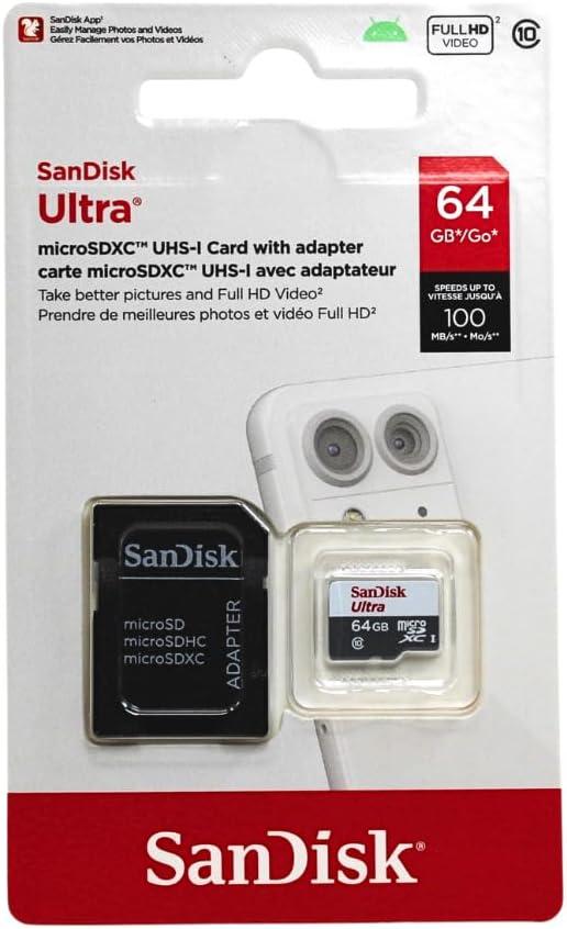 SanDisk Ultra 64GB microSDXC UHS-I Card with Adapter, Grey/Red, Standard Packaging (SDSQUNC-064G-GN6MA)