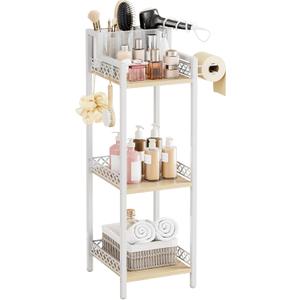 Slim Bathroom Storage Shelf Unit, 3 Tier Corner Storage, Rustic Makeup Organizer, Space-Saving Floor Standing Storage Shelves for Bathroom, Vanity,Kitchen, Laundry 9.85in Matte White, 9.85 x 11.42 x 32.68 inches