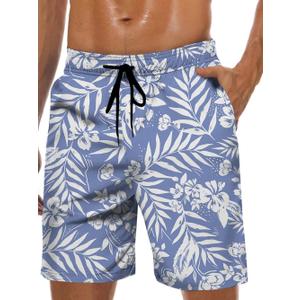 Men's Swim Trunks Hawaiian Bathing Mesh Lining Suit Swimsuits Beach Shorts with Pockets (X-Large, Blue-white Flower)