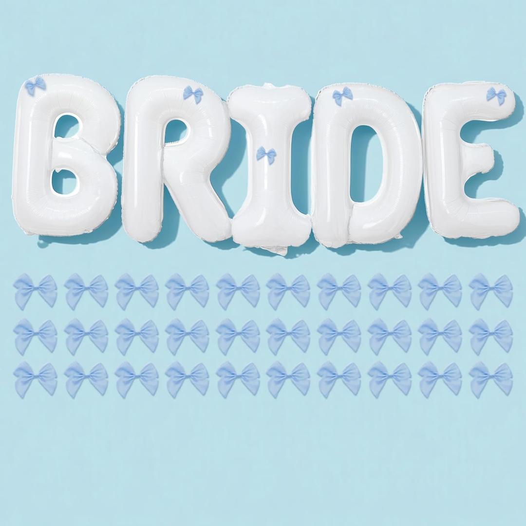BRIDE Letter Balloons Blue Bows, 40" White BRIDE To Be Balloons for Beach Bach,Bachelorette,Last Toast On Coast,Beach Bridal Shower,Seashells Wedding Decoration,Girls Something Blue Engagement Party