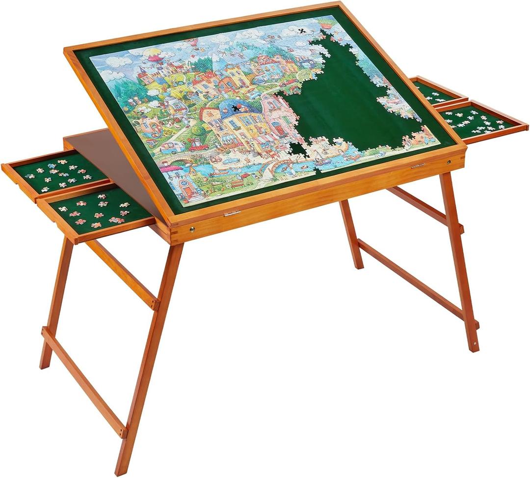 1500 Piece Wooden Jigsaw Puzzle Table with Drawers and Cover, Adjustable Puzzle Board with Foldable Legs, Portable Tilted Puzzle Easel for Adults, Velvet-Lined Tabletop and Drawers, Heavy Duty