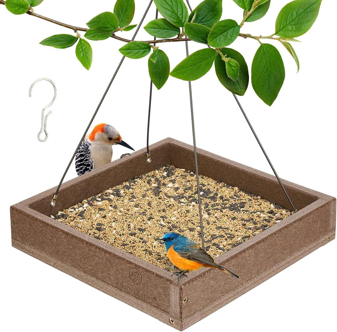 Kingsyard Platform Mealworm Bird Feeder for Outside, Recycled Plastic Hanging Tray Bird Feeders with Large Capacity 3.5 lbs, Premium Quality & Durable, Great for Attracting Wild Birds, Brown