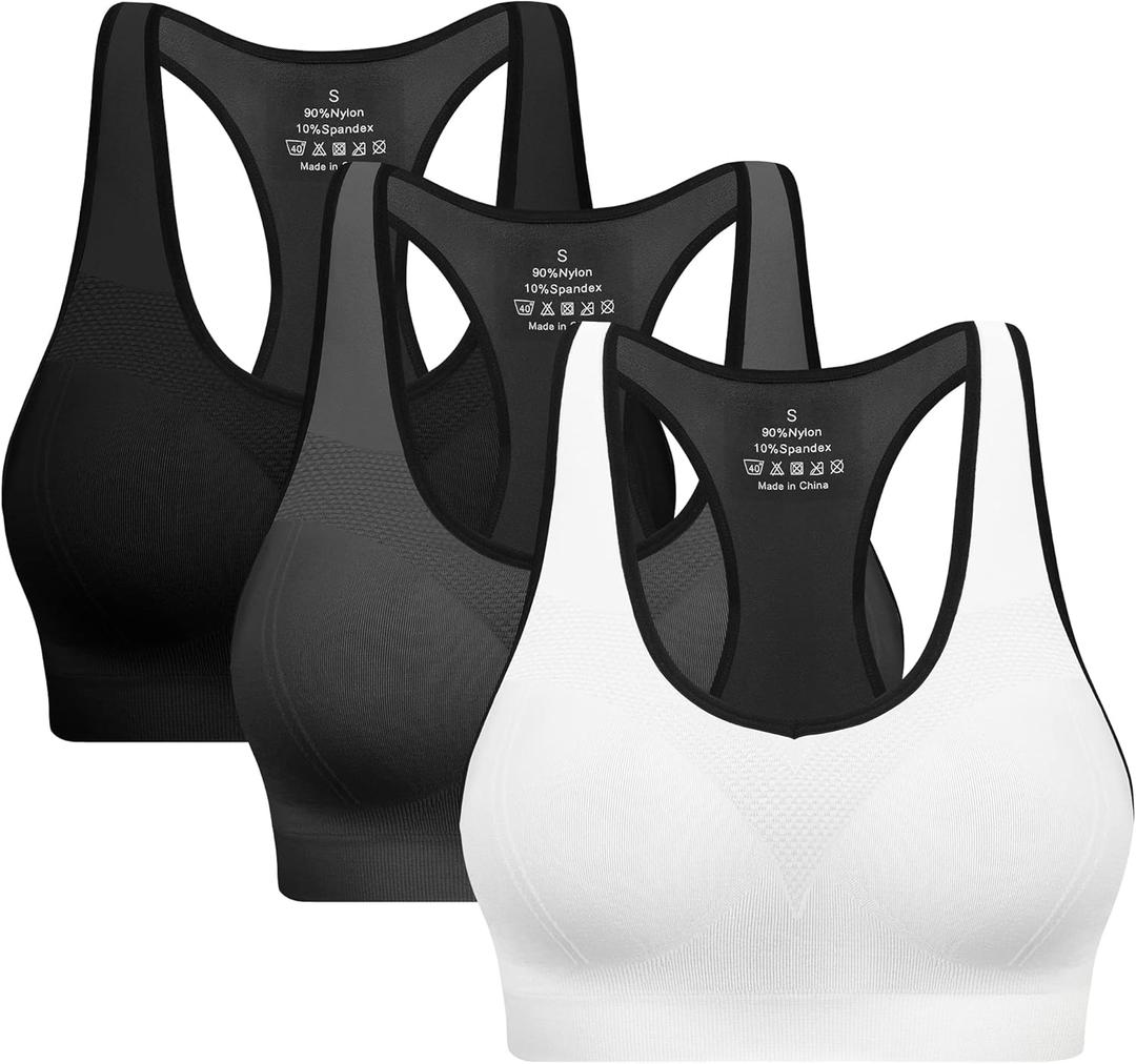 Racerback Sports Bras for Women with Pads - High Impact Athletic Tank Tops for Yoga and Workout Brassieres Bra (Large, Black/Grey/White - New)