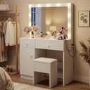 Haewon Makeup Vanity Desk with Lighted Mirror and Chair Set, White Built-In Charging Station, 3 Lighting Modes, Storage Cabinet and Drawer for Bedroom, 15.2"D x 31.5"W x 52.75"H