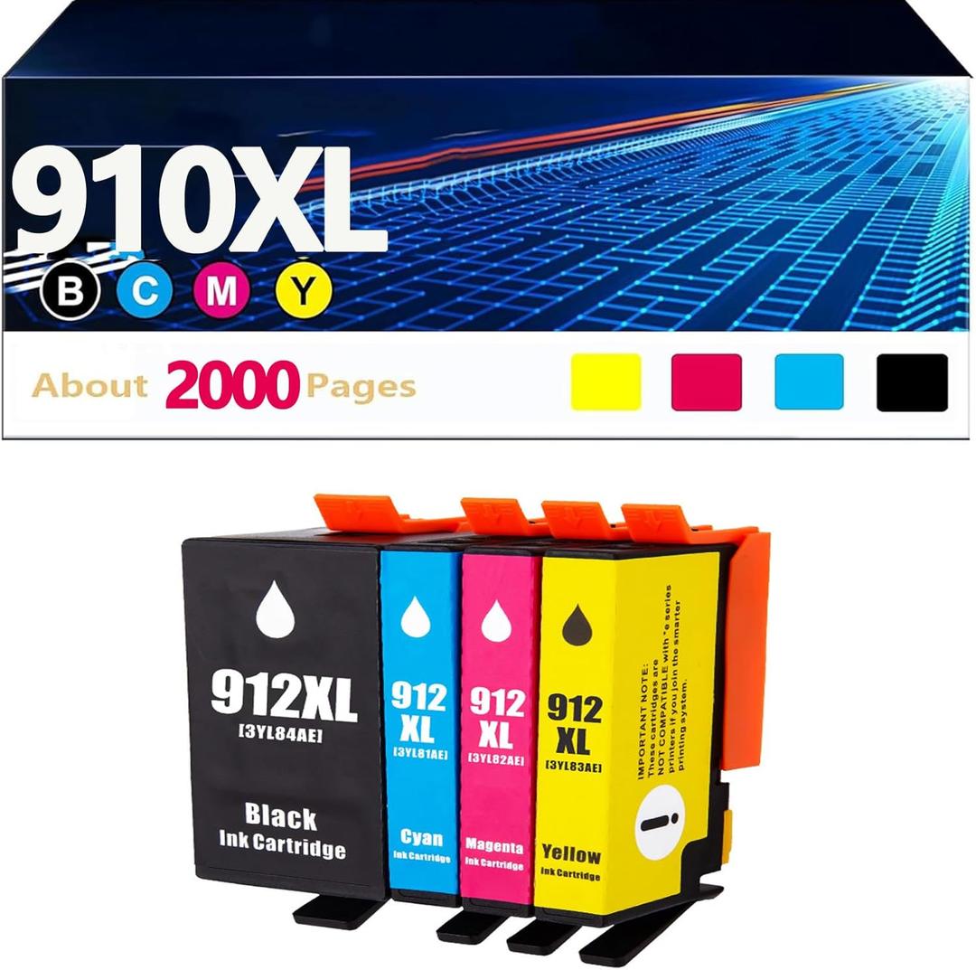 910XL Ink Cartridges Replacement for HP 910xl Ink Cartridges Combo Pack with OfficeJet Pro 8025e 8015e 8028e 8035e 8025 8035 8020 Printer (Black, Cyan, Magenta, Yellow)