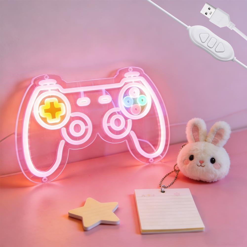 Game Controller Neon Sign for room decor, 15 * 9 inch Pink Gaming Neon Signs with USB Power and Dimmer Switch for wall decor,teen girl room decor,women,Kids