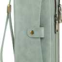 GAEKEAO Womens Wallet Large Capacity Double Zipper Ladies Card Phone Holder RFID Blocking Leather Clutch Wristlet Grip Strap (Green)