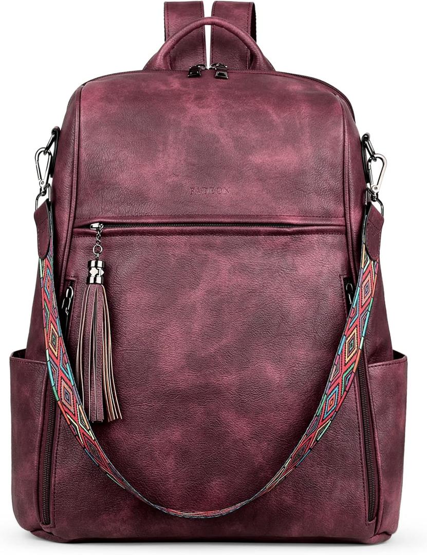 FADEON Leather Laptop Backpack for Women Designer 15.6 inch PU Laptop Bag, Ladies Travel Computer Work Backpack Red (Wine Red Retro Style)