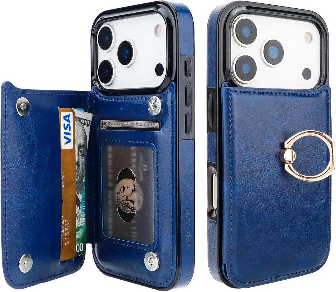 ONETOP for iPhone 17 Pro Wallet Case with Card Holder, 360 Rotation Ring Kickstand RFID Blocking PU Leather Double Magnetic Clasp Shockproof Cover for Women and Girls 6.3 Inch (Blue)