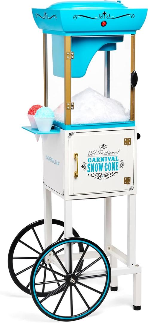 Nostalgia Snow Cone Shaved Ice Machine - Retro Cart Slushie Machine Makes 48 Icy Treats - Includes Metal Scoop, Storage Compartment, Wheels for Easy Mobility - White