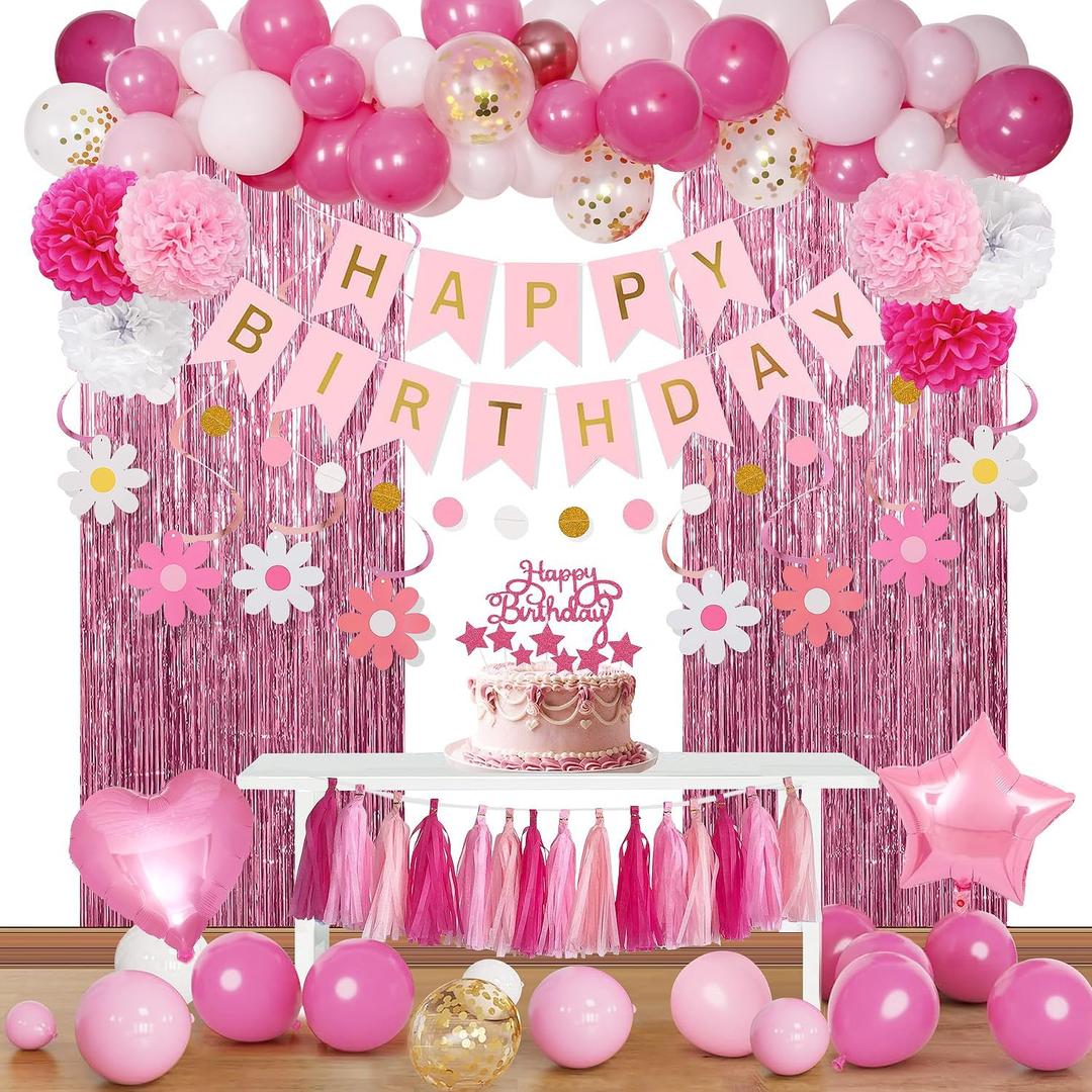 Pink Red Happy Birthday Party Decorations Kits for Girls Women with Happy Birthday Banner, Fringe Curtain,Foil Balloons,Tissue Pompoms,Dots Garland,Tassels Garland,Cake Topper for Birthday Decor(Pink)