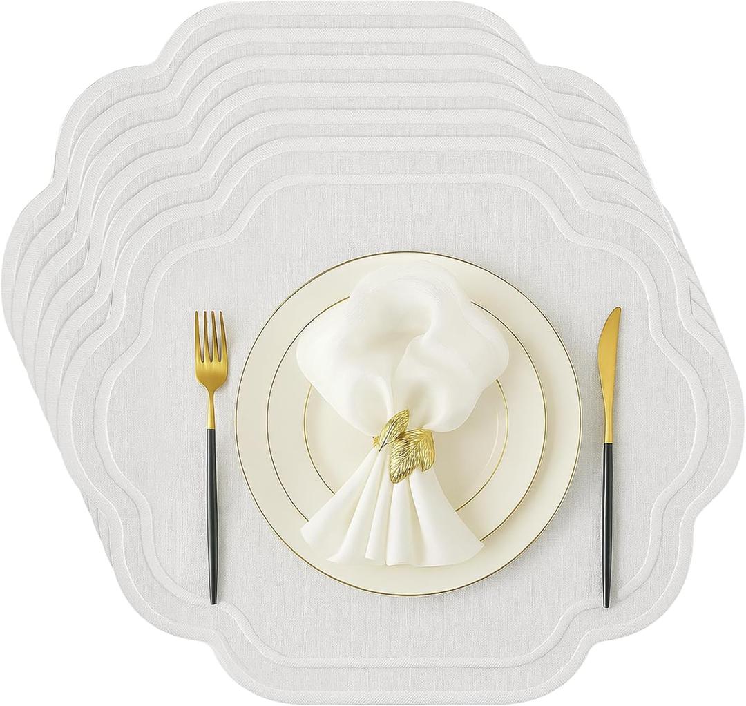 Breling Set of 6 Wedding Placemats Scalloped Embroidered Cotton Linen Placemats 17" x 13" Double Layered Machine Washable Table Place Mat for Party Table Decor(White)