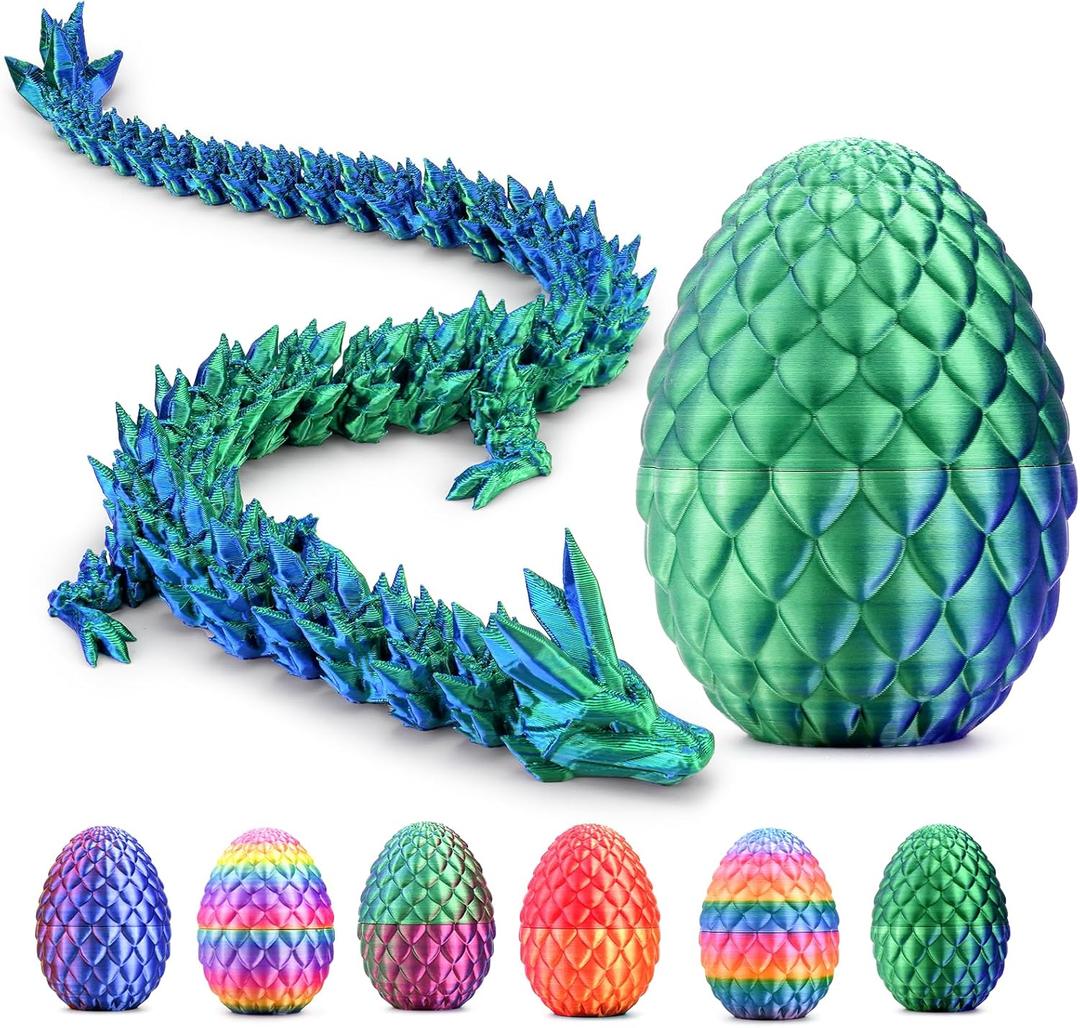 3D Printed Dragon,Mystery Easter Crystal 3D Dragon Egg,Dragon Eggs with Dragon Inside,3D Printed Animals Fidget Desk Decor (Blue Green, 17in)
