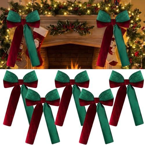 Soulchen 8 Pcs Large Velvet Bows for Mantle Decoration 13 x 21.7 Christmas Red Green Bows Fluffy Elegant Wreath for Staircase Home Xmas Tree Indoor Outdoor Fireplace Mantle Holiday Party Decorations