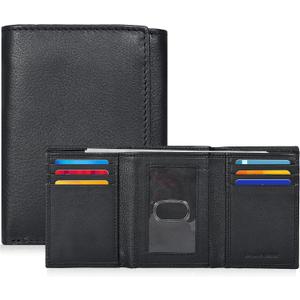 Real Leather Mens Trifold Wallet RFID Blocking Slim Minimalist Front Pocket - Thin & Stylish with ID Window in Gift Box (Classic Black)
