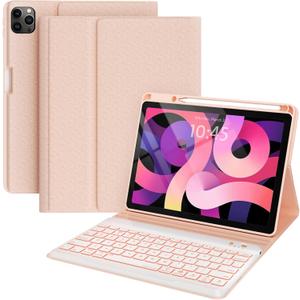 Keyboard case for ipad Air 11 inch(M2 2024)/10.9 Inch Air 5th 4th Generation & iPad Pro 11 inch (1st/2nd/3rd/4th Gen)-Backlit Detachable Keyboard, Folio Cover with Upper Easily Pencil Holder-(Pink) (Rose Gold)
