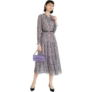 Women's Vintage Floral Print Long Sleeve Dress with Lace Collar and V-Neck Design Mid-Length A-Line Dress XXL