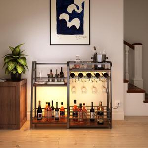 Bar Rack with Led Lights 4 Rows of Wine Glass Storage Wine Cabinet with Anti-Fall Beam Design Wooden Brown Countertop 29 Inches High Small Wine Cabinet Suitable for Family Kitchen Restaurant
