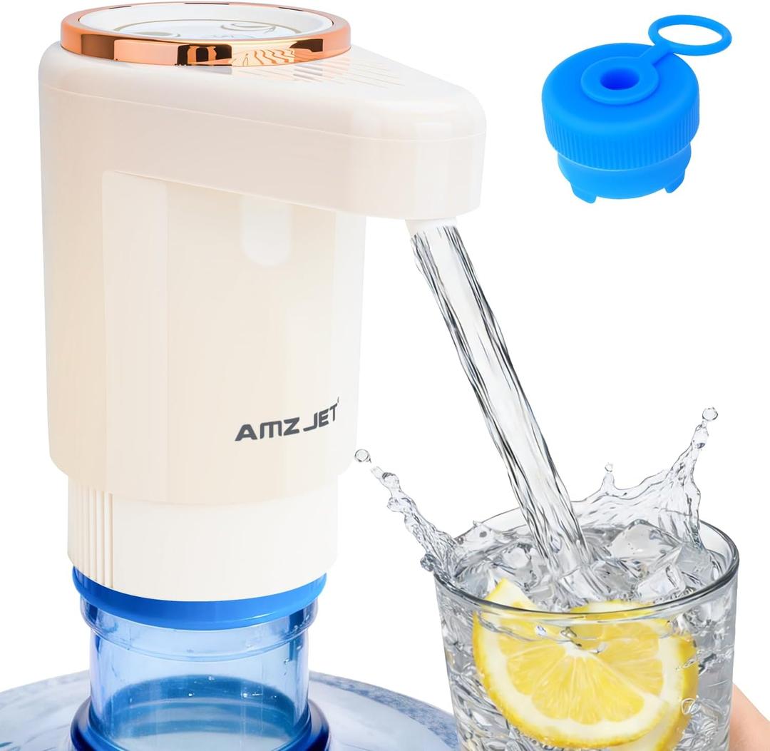 Dual Pump Water Dispenser for 5 Gallon Bottle, Electric Water Bottle Pump with Water Jug Cap, Powerful Flow, USB Rechargeable Automatic for Home, Office, Camping-Beige
