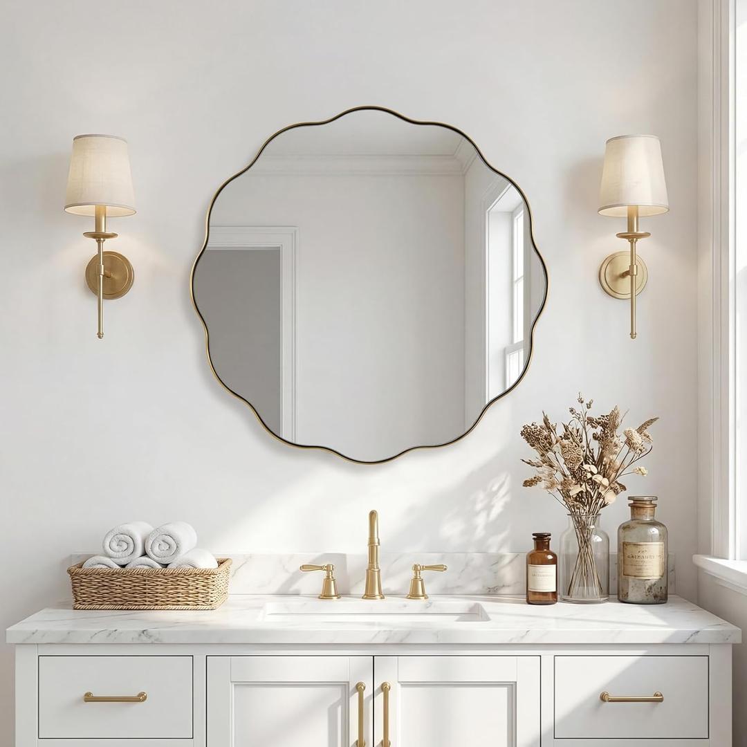 ANDY STAR Brushed Gold Round Wall Mirror 24 Inch, Brass Round Bathroom Mirrors for Over Sink, Anti-Rust Brass Circle Frame for Bathroom, Entryway