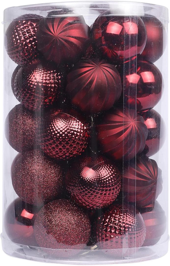 YYCRAFT 34ct Christmas Ball Ornaments 6CM for Xmas Tree Christmas Decorations Shatterproof Hooks Included (Burgundy, M)
