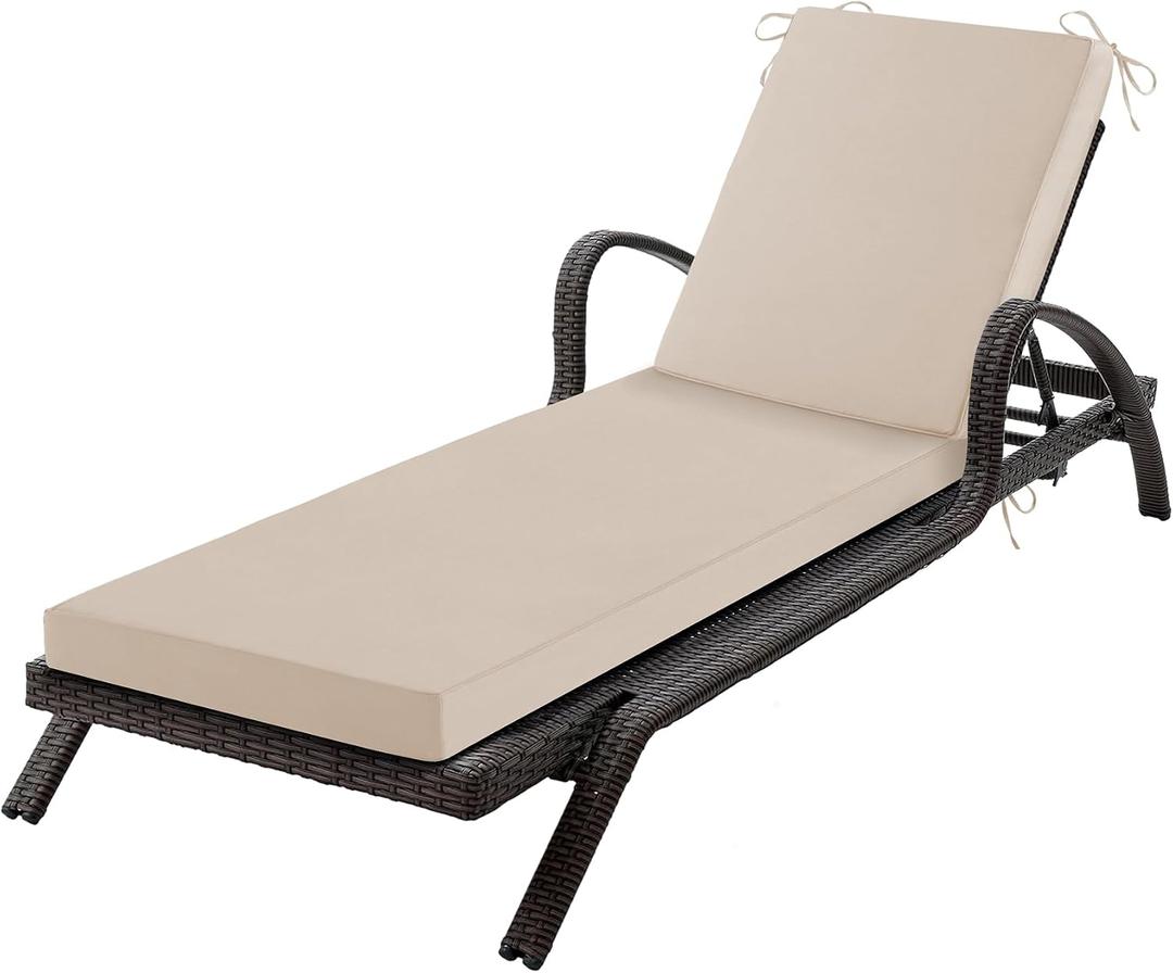 Chaise Lounge Cushions Outdoor, 72x 21x 3 Inch Waterproof & Fade-Resistant Lounge Chair Cushion, Outdoor Chaise Cushion with Removable Cover & Ties for Lawn, Patio, Pool & Beach, Beige