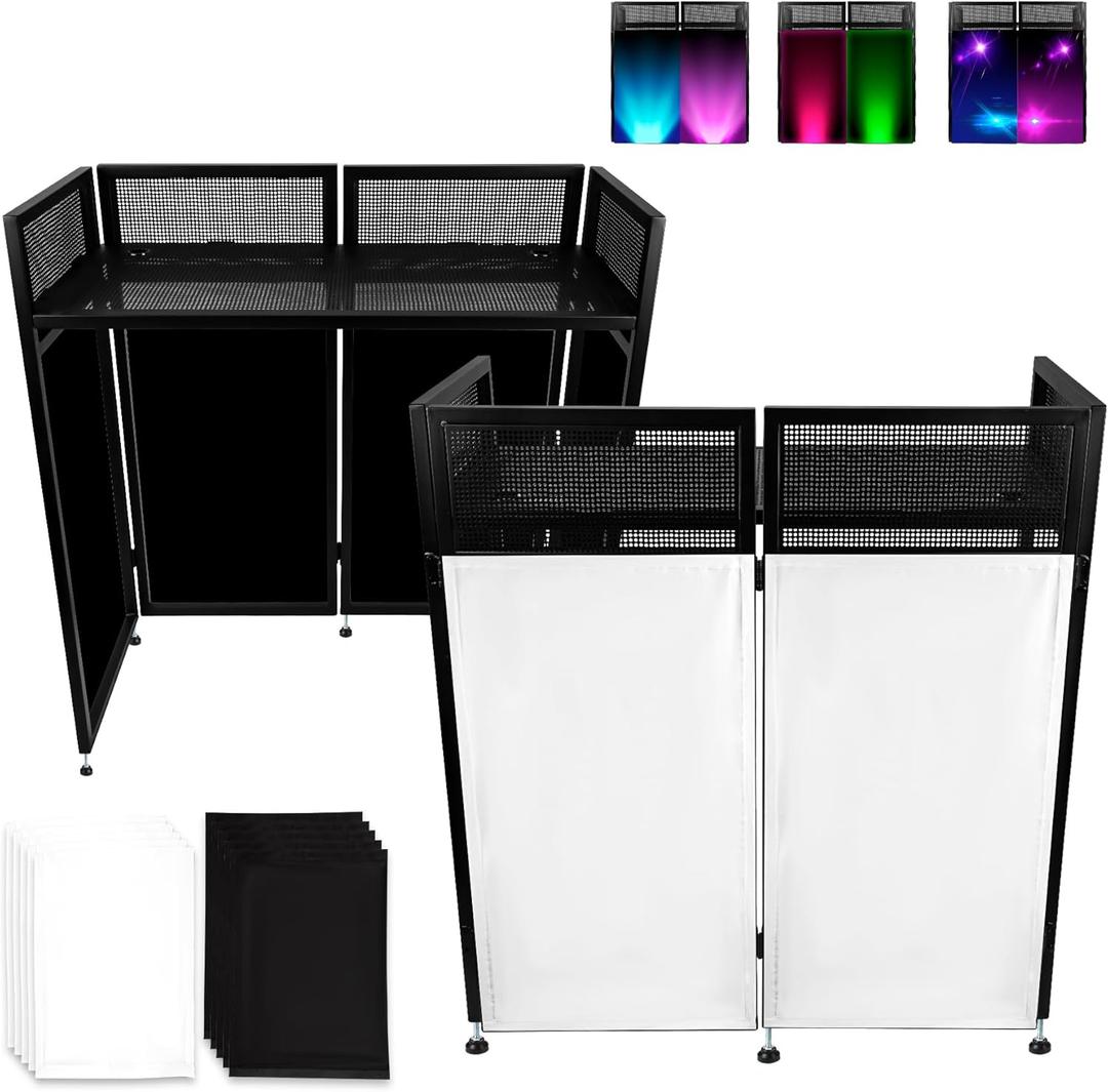 DJ Booth Table Station 44"x42"x21", DJ Facade Booth w/Black & White Lighting Scrims, Detachable 40"x20" DJ Table, Carrying Bag, Foldable Metal Frame DJ Booth Panel for Show, Party, Gathering