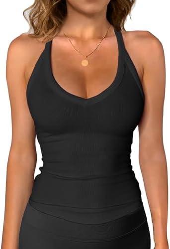 iGENJUN Workout Tops for Women Racerback Basic Tank Summer 2025 Camisole V Neck Slim Fit Ribbed Sleeveless, Small