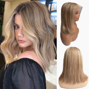 Belaved 8T860 10 Inch Highlight Bob Wigs Human Hair for White Women Brown to Blonde with Brown Roots Ombre 13x6 HD Lace Front Wig Human Hair Pre Plucked Pre Cut Glueless Straight Bob Wig