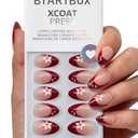 BTArtbox Press On Nails Short - Rococo Bloom, Red 3D Flower Pearl Almond French Tip Press On Nails with Glue and Adhesive Tabs for Women, Soft Gel Glue On Nails in 16 Sizes - 32 Stick On Nails Kit