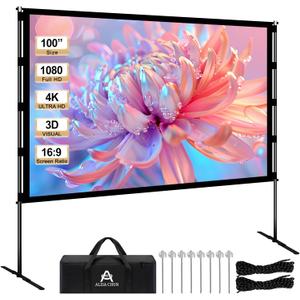 100 Inch Portable Projector Screen with Stand16:9 4K HD Anti-Crease Indoor Outdoor Projector Movie Screen with Carry Bag,Wind Rope & States,for Backyard Camping Travel Home Theater