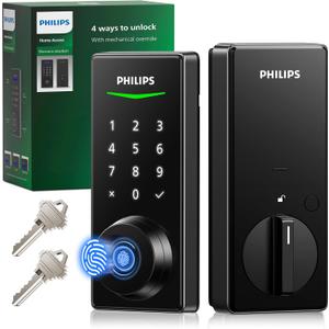 Philips Fingerprint Keyless Entry Door Lock, Electronic Door Lock with Touchscreen, Long-Lasting Battery, Auto Locking, One-Time Code, Keypad Deadbolt, One-Touch Locking, Matte Black