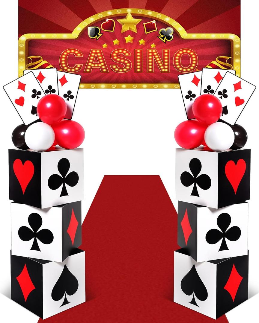 62 Pcs Casino Theme Favor Boxes Decoration Set 11 Inch Casino Boxes Jumbo Pokers Red Black White Balloon Banner Runner for Casino Birthday Holiday Party Decoration (Poker Style)