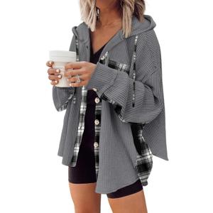 SHEWIN Womens Waffle Knit Plaid Shacket Boyfriend Button Down Shirt Hooded Jacket Loose Long Sleeve Tops (Medium)