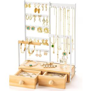 DreamGenius Jewelry Organizer Stand with 2 Velvet Ring Holder Drawers, 5 Tier Jewelry Holder Organizer with 11 Hooks for Necklaces and 145 Holes for Earrings, White (Large)