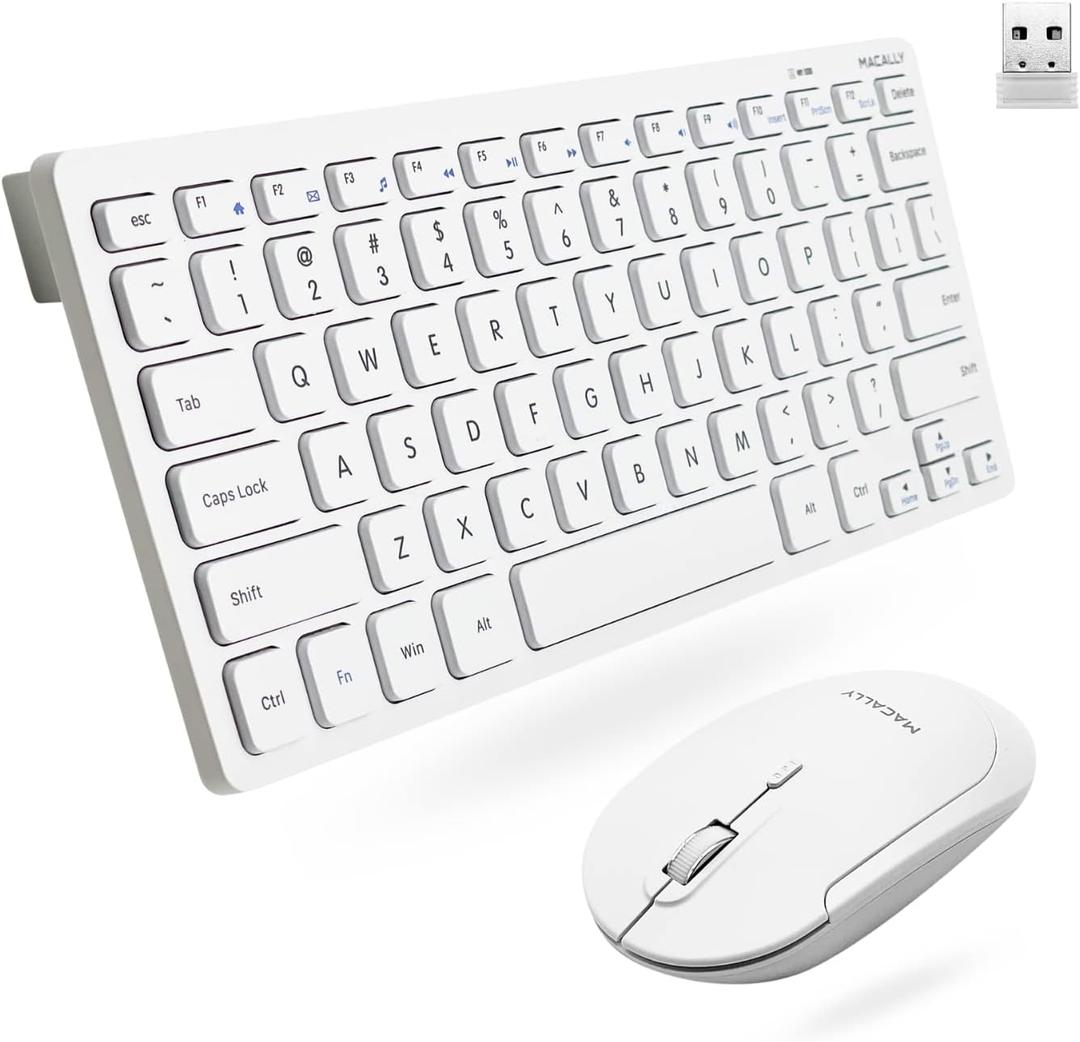 Macally White Wireless Keyboard and Mouse Combo - Quiet Productivity Duo - 2.4G Small Keyboard and Mouse Wireless - 78 Key Quiet Cordless Compact Mouse and Keyboard Combo with Mini Body
