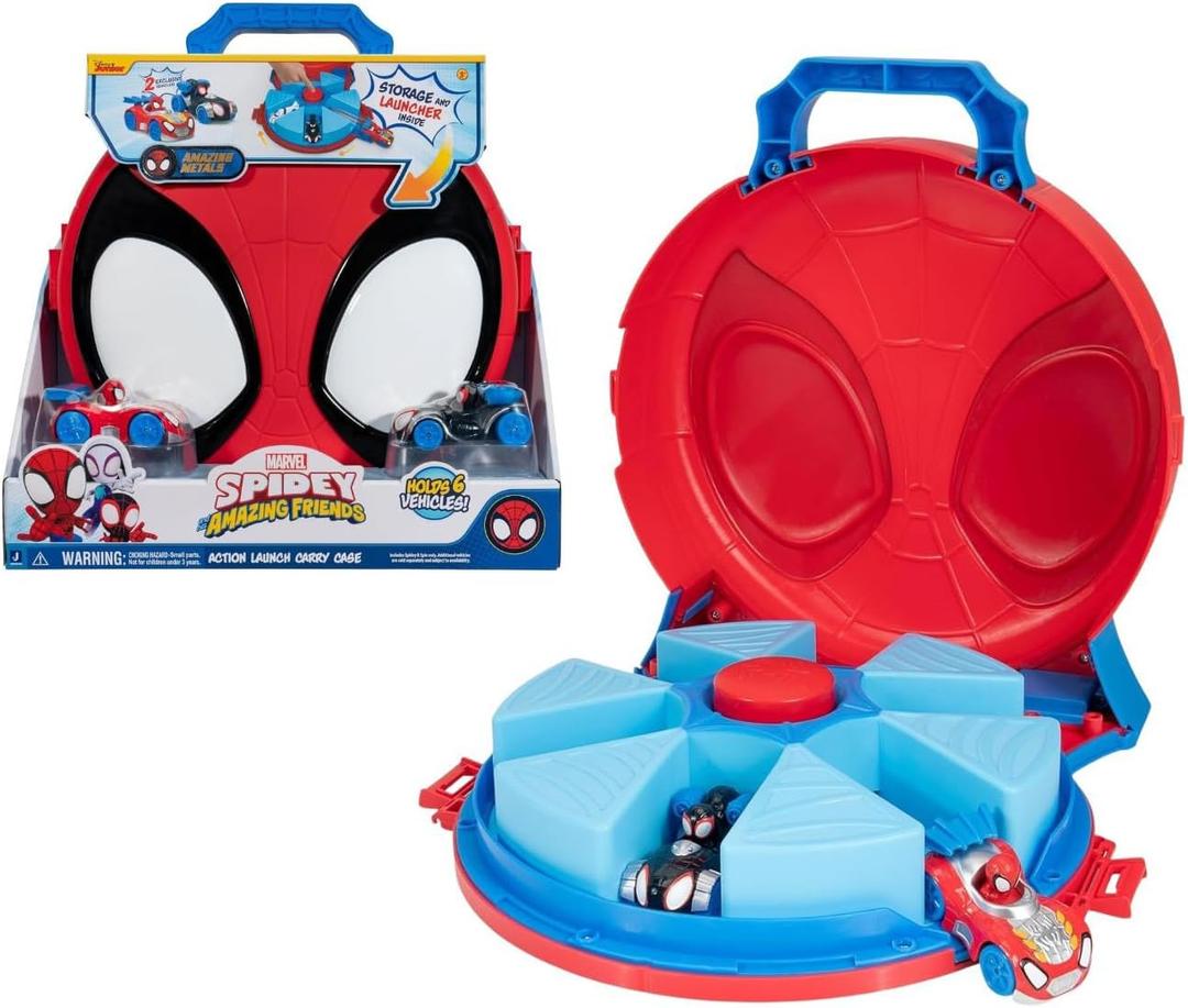 Jazwares Marvel Spidey and His Amazing Friends Action Launch Carry Case - 12-Inch Carry Case with Rotating Launcher and Two Exclusive Amazing Metals Vehicles