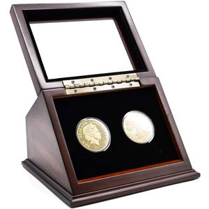Wooden Display Case Box for 2PCs Challenge Coins with Slanted Glass Window fits 1.75 inch 45mm Coin Capsule or Coins- Coins are Not Included